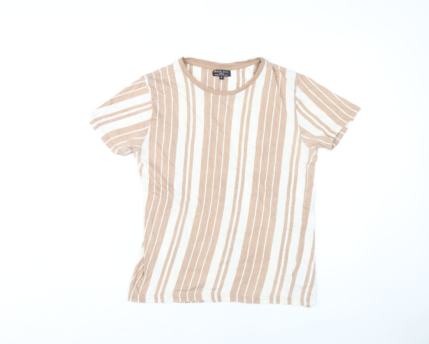 Brave Soul Women's Beige Striped T-Shirt, M, Crew Neck