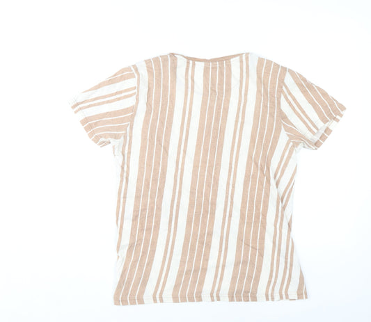 Brave Soul Women's Beige Striped T-Shirt, M, Crew Neck