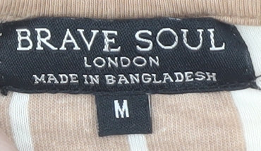 Brave Soul Women's Beige Striped T-Shirt, M, Crew Neck