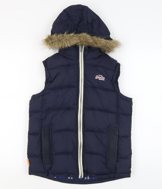 Superdry Women's Blue Waistcoat, Size S, Hooded Fur Trim