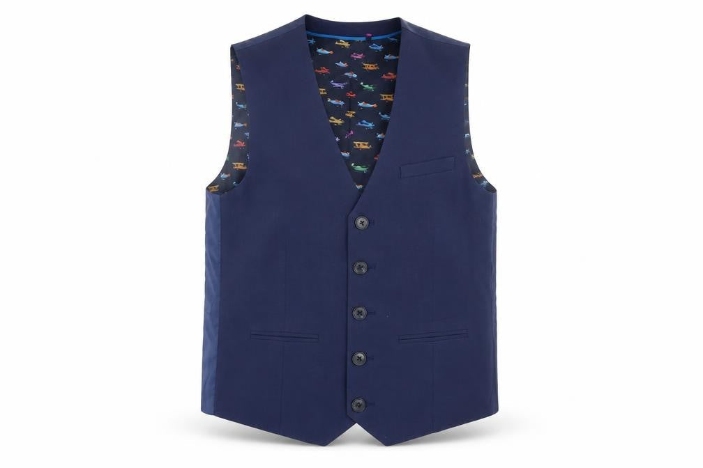 Front view of Next boys’ blue suit waistcoat, 12 years, planes theme