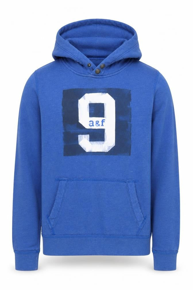 Front view of Abercrombie & Fitch boys’ blue xl pullover hoodie, graphic logo