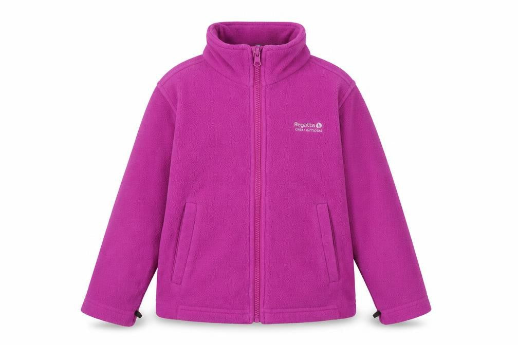 Front view of Regatta girls’ purple jacket, size 7-8, years, lightweight fleece