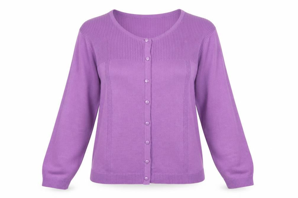 Front view of Honor Millburn Women's Purple Cardigan, size S