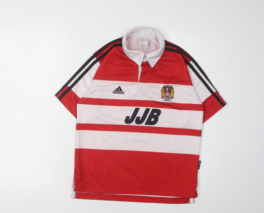 Vintage Adidas Wigan Warriors Signed Boys Red Striped Rugby Polo Jersey - Size 14