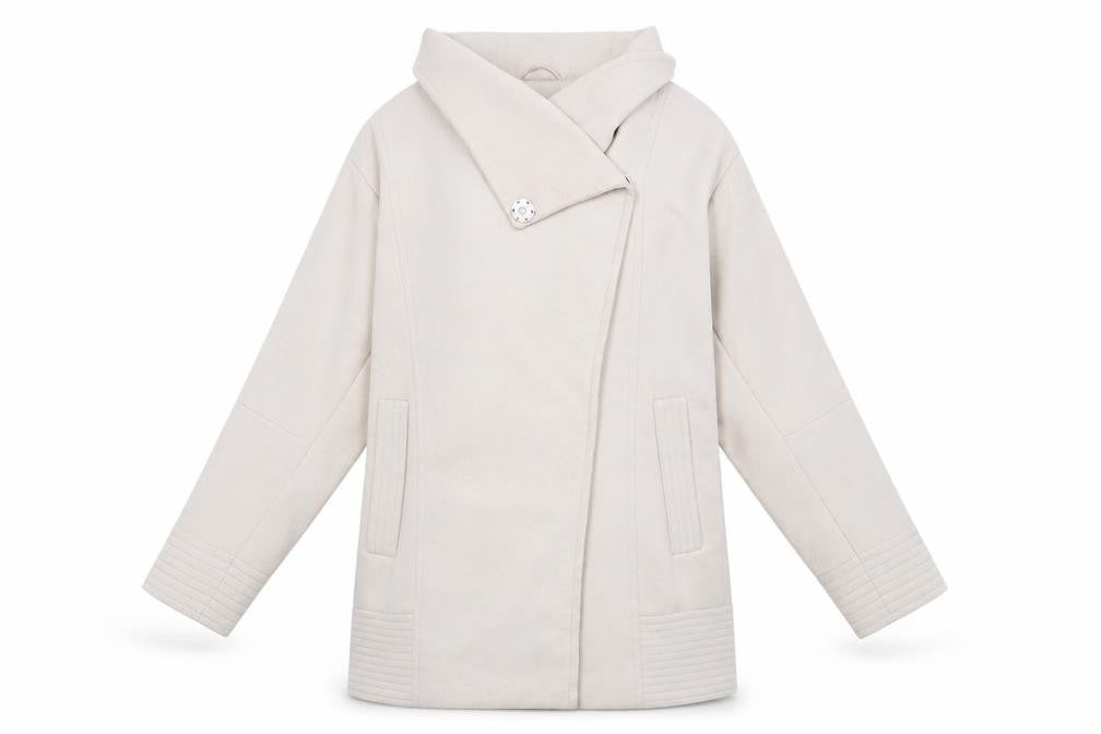 Front view of ASOS Women's Beige Long Coat, size 6, with Button Accent