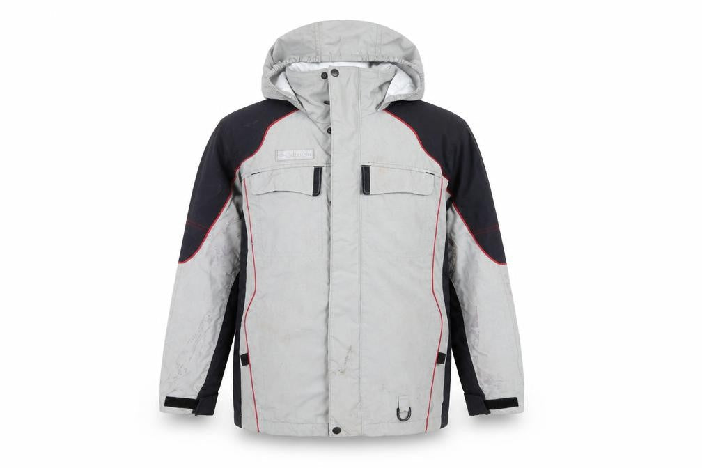 Front view of Columbia boys’ grey parka jacket with hood in, size 14-15, years