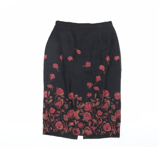 Laura Ashley Women's Black Floral Silk Pencil Skirt Size 10