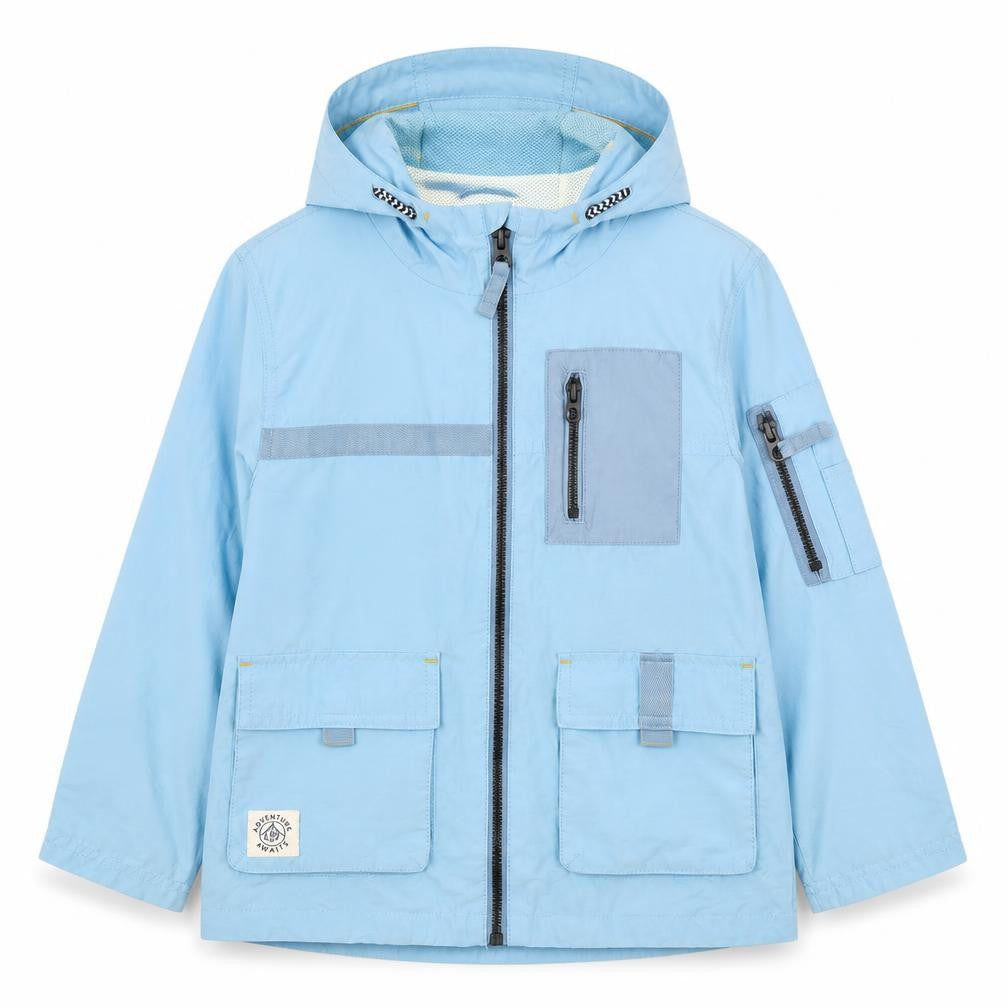 Front view of Next boys’ blue hooded jacket 5-6 years with zip pockets