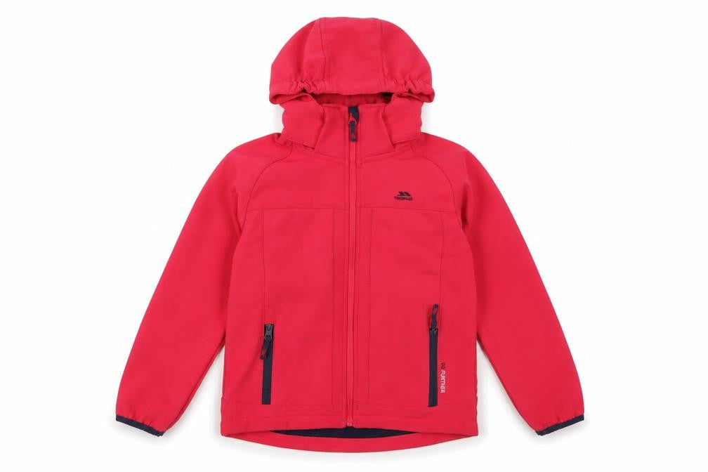 Front view of Trespass girls’ red soft shell jacket 9-10 years