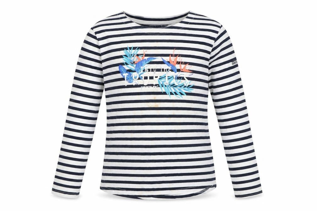 Front view of Regatta girls’ blue striped long sleeve tropical t-shirt, size 9-10