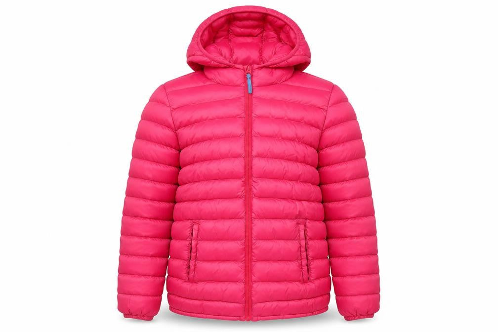 Front view of Mountain Warehouse girls’ pink hooded puffer jacket 11-12y