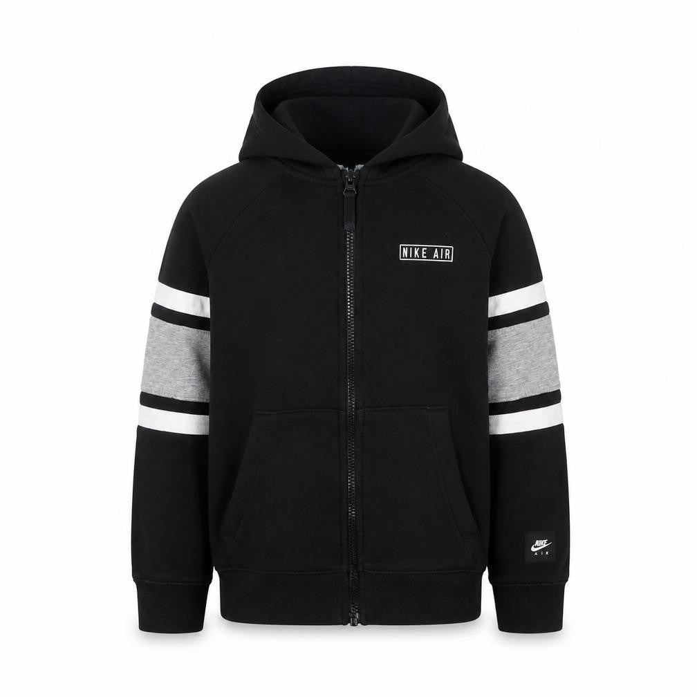 Front view of Nike boys’ black full zip hoodie, size S, with logo accents