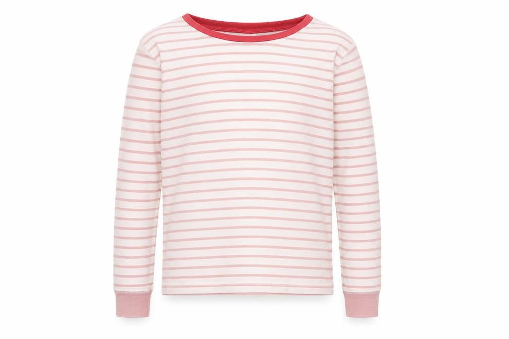 Front view of MiniBoden girls’ pink striped long sleeve t-shirt 9y