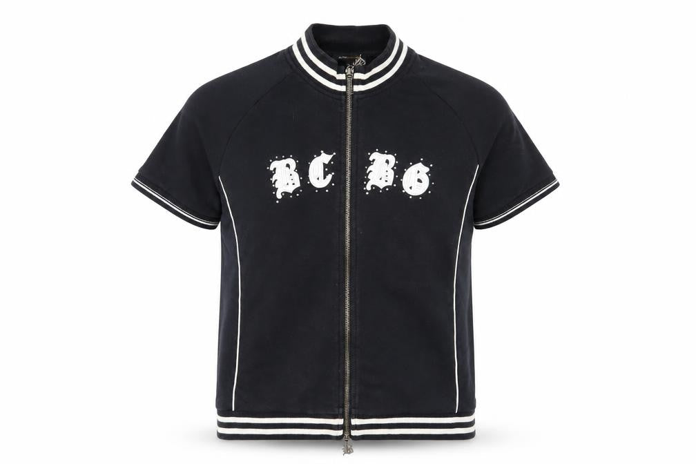 Front view of BCBG Max Azria girls’ black track jacket, xl, short sleeve style