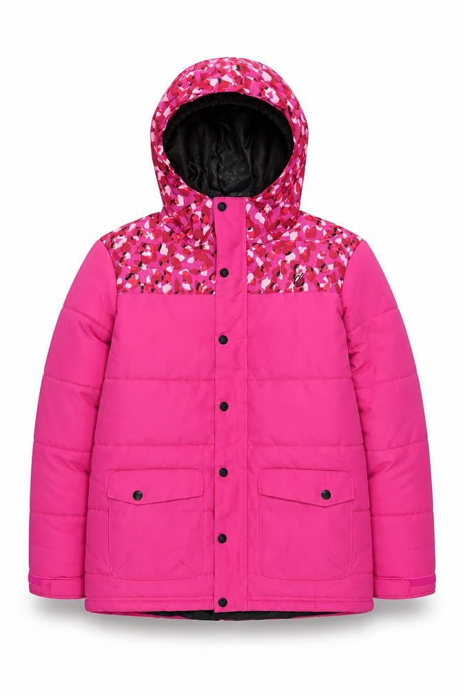 Front view of Dare 2b girls’ pink hooded puffer jacket 13 years