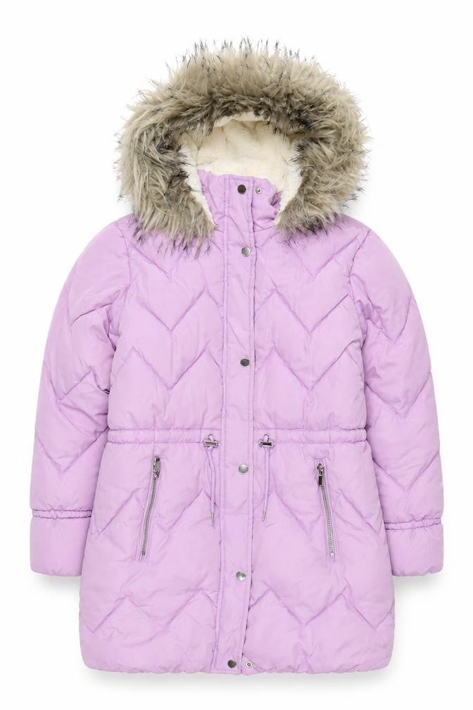Front view of Next girls’ purple winter puffer jacket 12 years