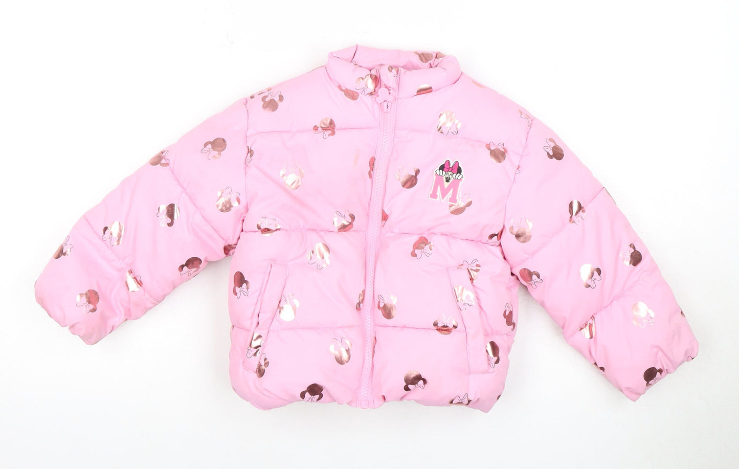Disney Girls Pink Puffer Jacket Mickey Mouse Print 3-4Y