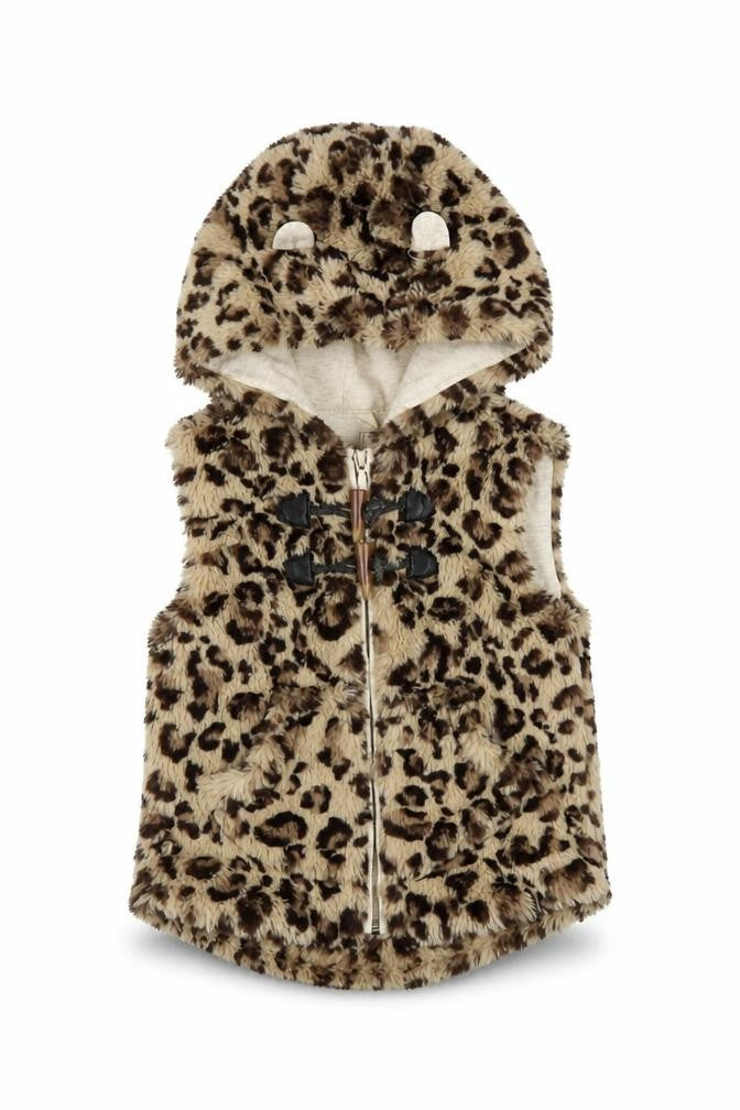 Front view of Next girls’ brown animal print sleeveless hoodie vest, 2-3 years