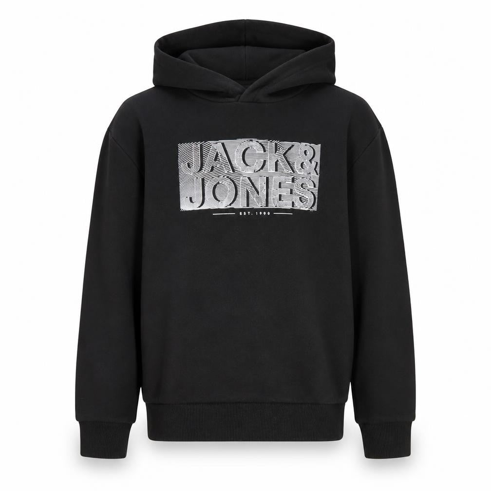 Front view of Jack & Jones boys’ black hoodie 12 years pullover fleece