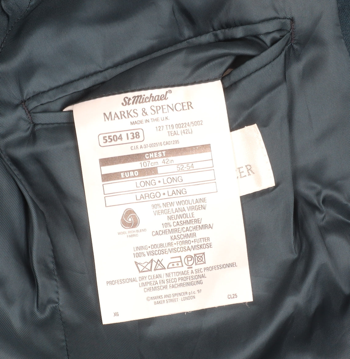 Marks and Spencer Mens Teal Wool Cashmere Blazer 42L