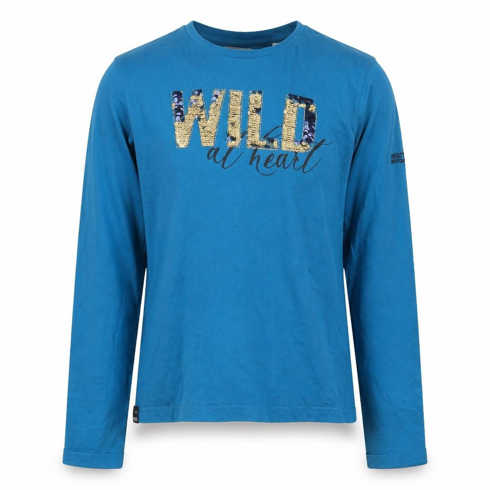 Front view of Regatta girls’ blue graphic long sleeve t-shirt, 12 years