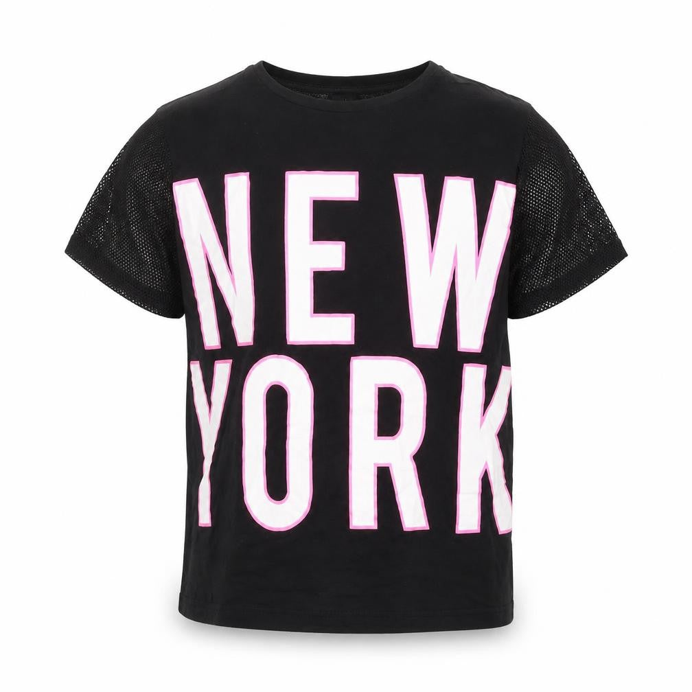 Front view of New Look girls’ black graphic jersey t-shirt 12-13 years