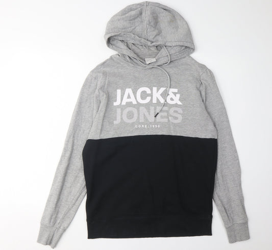 Jack & Jones Men's Grey and Black Pullover Hoodie S