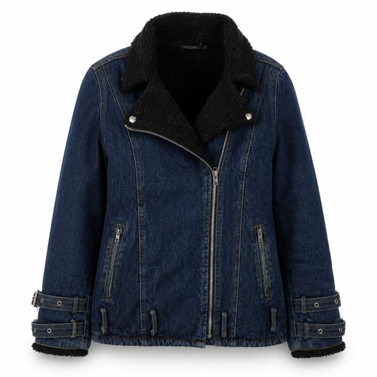 Front view of Missguided Women Blue Denim Motorcycle Jacket, size 6