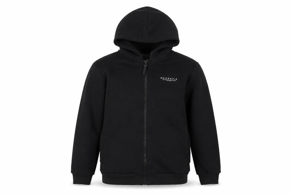 Front view of McKenzie boys’ black full zip hoodie, 13-14 years, logo sportswear