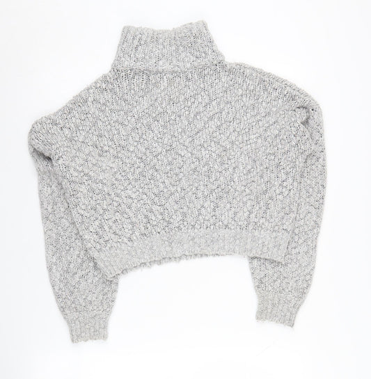 Hollister Women's Grey Chunky-Knit Roll Neck Jumper, S