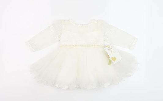 Luxe Girls Ivory Dress 3-6 Months with Floral Embroidery