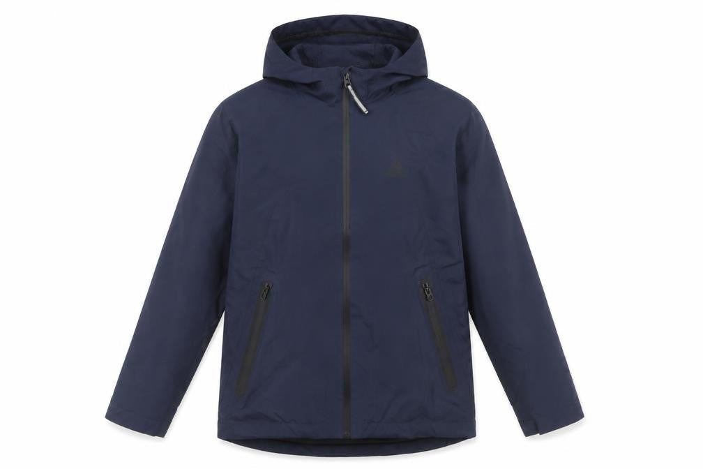 Front view of Next boys’ hooded blue jacket, 11 years, mid-length zip