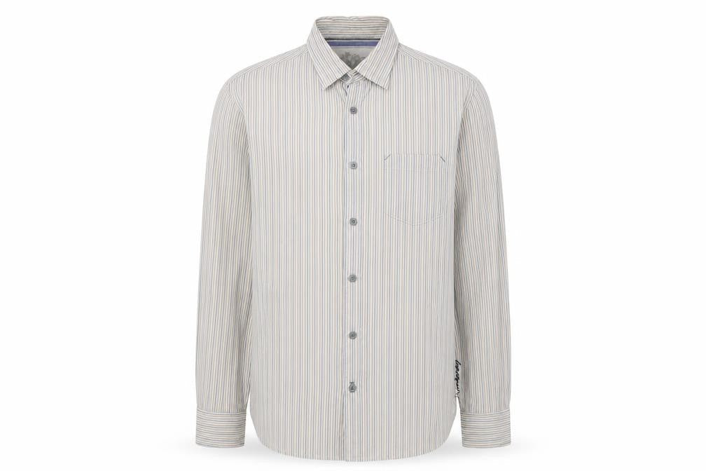 Manuary Men's Beige Striped Button-Up Shirt Small