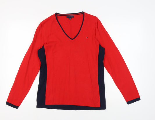 Tommy Hilfiger Women's Red V-Neck Pullover Jumper - L
