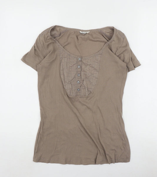 Noa Noa Women's Brown Scoop Neck Button T-Shirt L