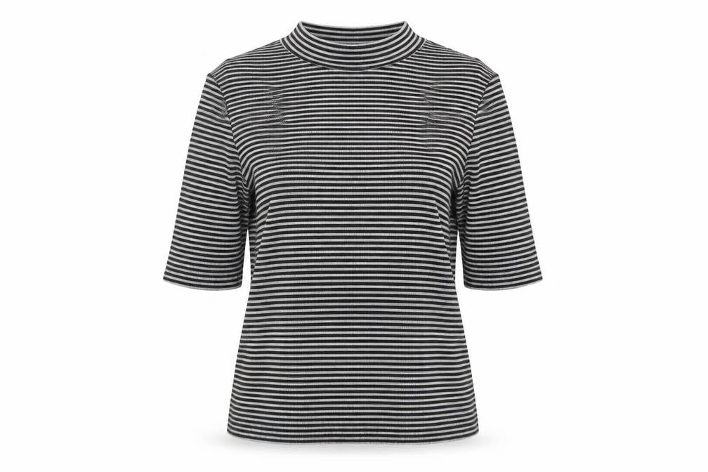 H&M Women's Black Striped Mock Neck 3/4 Sleeve T-Shirt