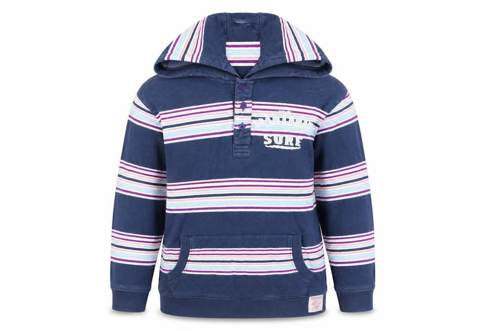 Front view of Mantaray girls’ blue striped hoodie, henley style, size 9-10