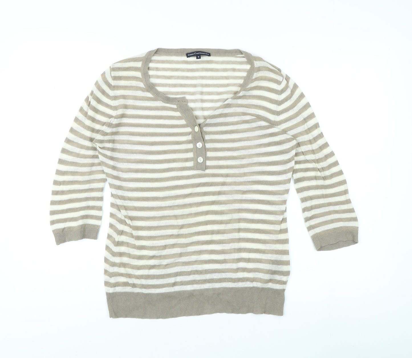 Crew Clothing Co Women's Beige Striped Henley Top Size 10