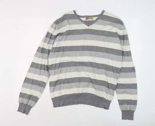 Soul Cal Men's Grey Striped Pullover Large