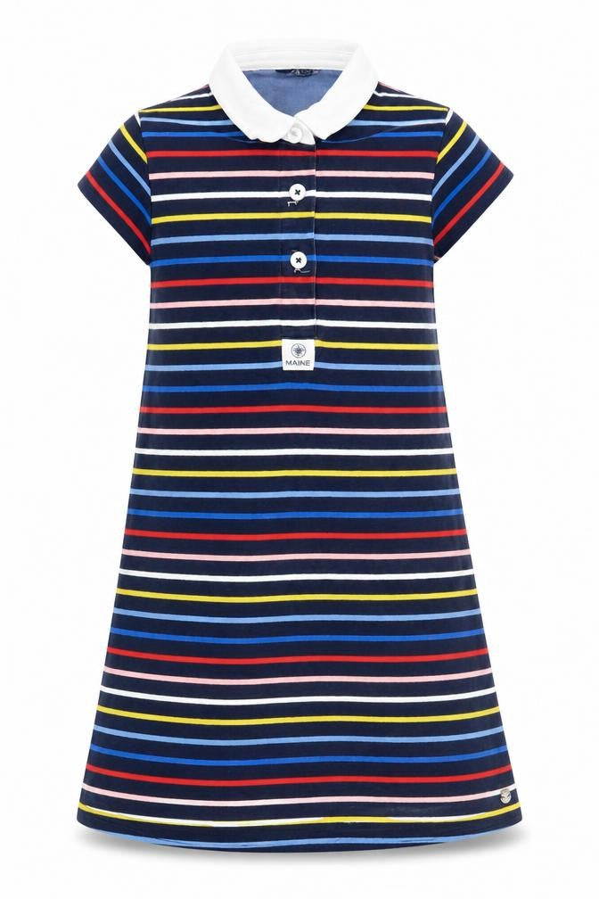 Front view of Maine New England girls’ striped collared t-shirt dress, 9-10 yrs