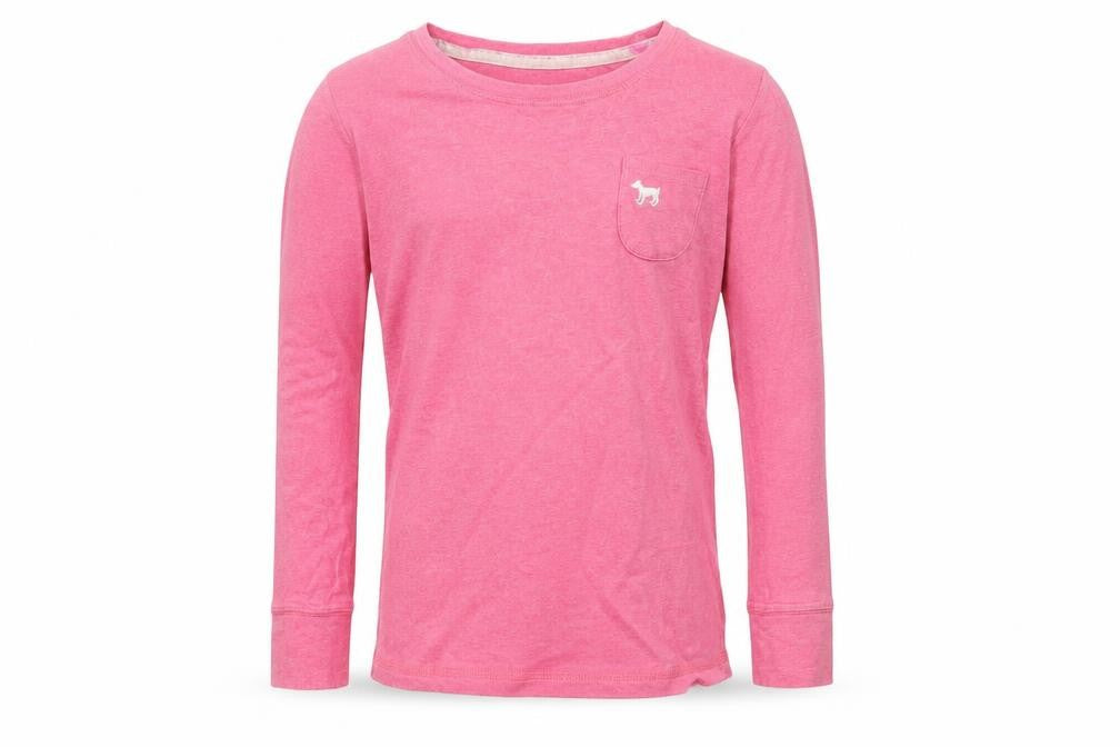 Front view of Mini Boden girls’ pink long sleeve t-shirt, size 9-10, years