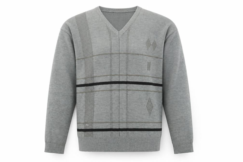 Oxford Men's Grey V-Neck Geometric Knit Jumper