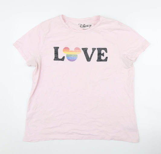 Disney Women's Pink Love T-Shirt UK 16 Crew Neck Short Sleeve