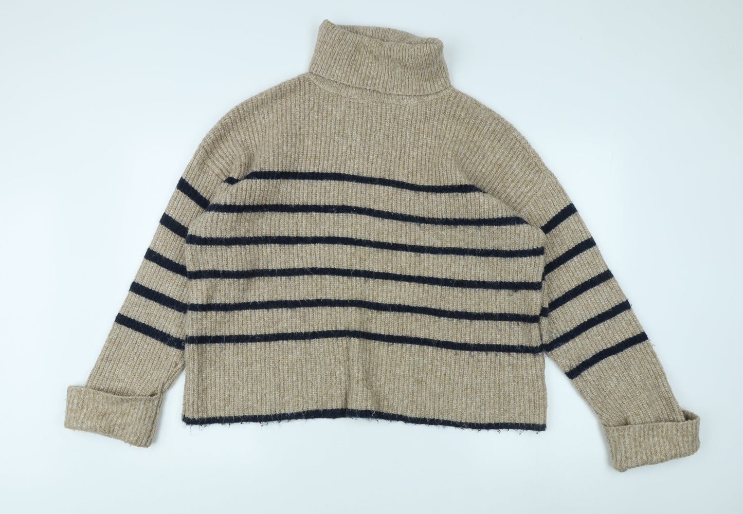 Marks and Spencer Women's Beige Striped Roll Neck Jumper L