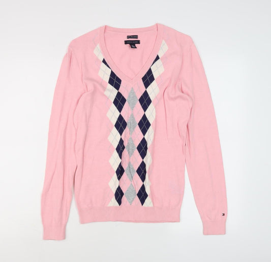 Tommy Hilfiger Women's Pink Argyle Pullover Jumper M