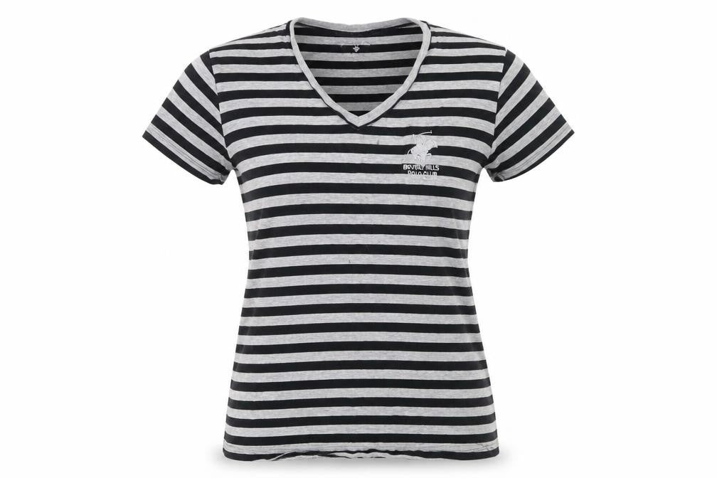 Front view of Beverly Hills Polo Club Women's Black Striped T-Shirt L