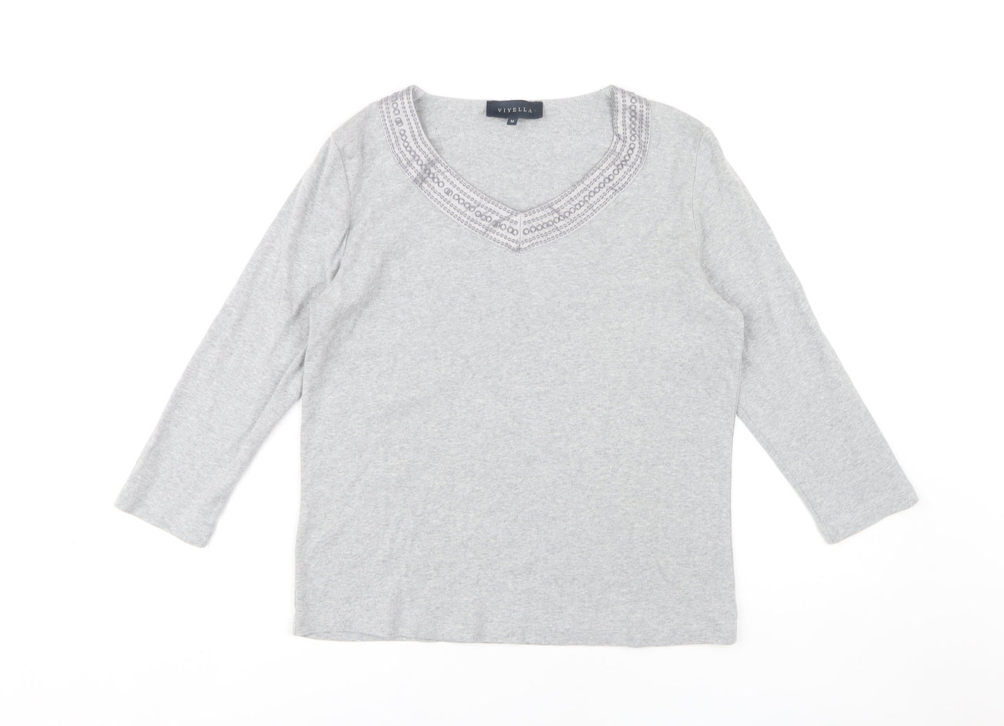 Viyella Women's Grey Embroidered V-Neck T-Shirt M