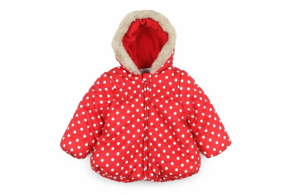 Front view of Mini Club girls’ red puffer jacket 6-9 months