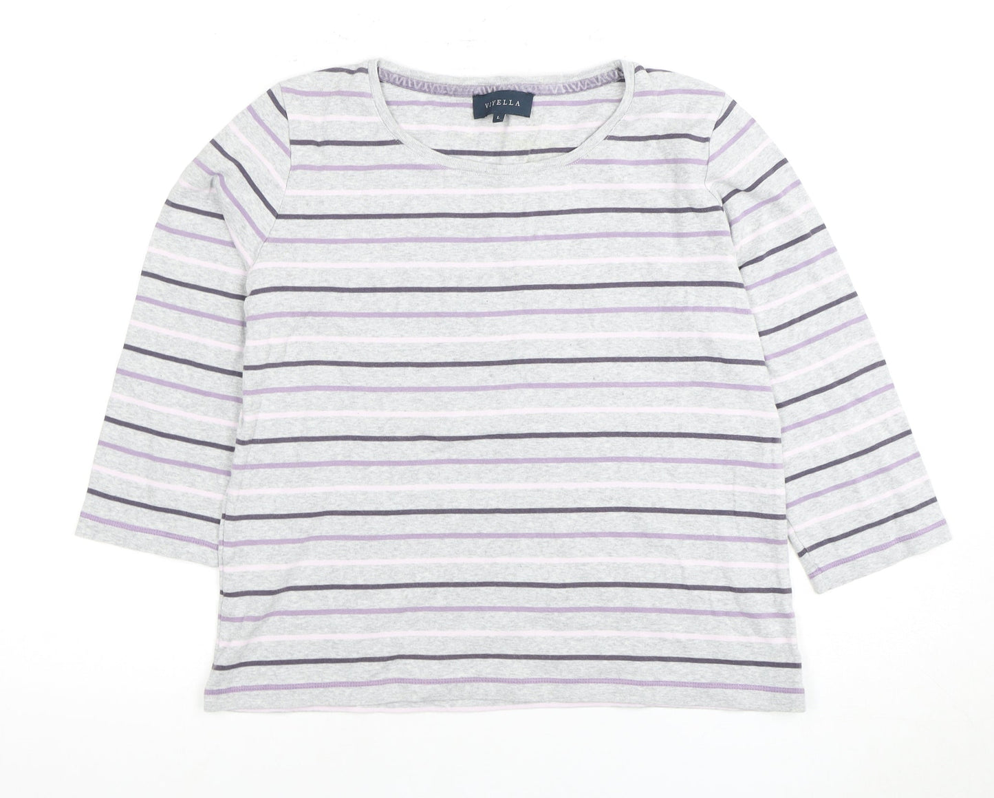 Viyella Women's Grey Striped 3/4 Sleeve Top, Size L